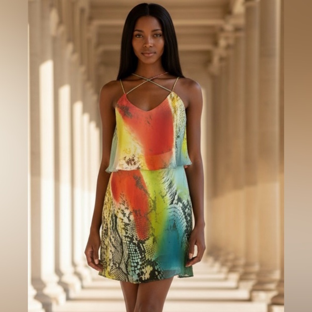 EUC Boston Proper SZ 0 Orange/blue/green/snake spaghetti strap dress/bust 32”